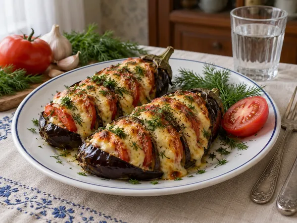 Баклажаны, запечённые с помидорами и сыром — готовое блюдо