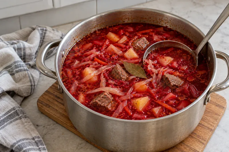 Борщ классический, шаг 7: Положите зажарку, мясо, лавровый лист, соль и перец. Варите ещё немного.