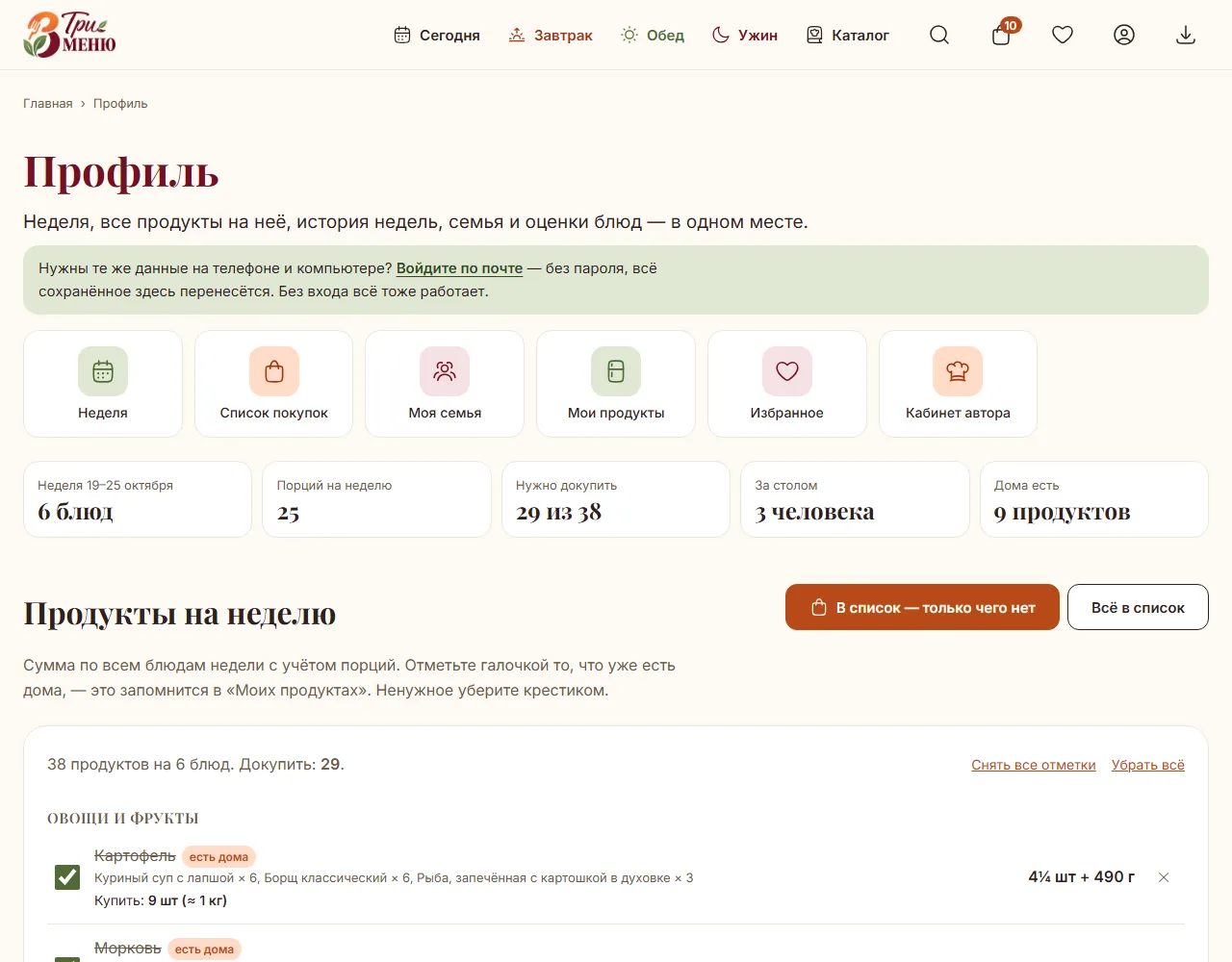 Профиль: продукты на неделю, неделя по дням и история недель с оценками блюд
