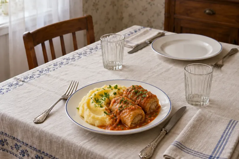 Голубцы с мясом и рисом: с картофельным пюре