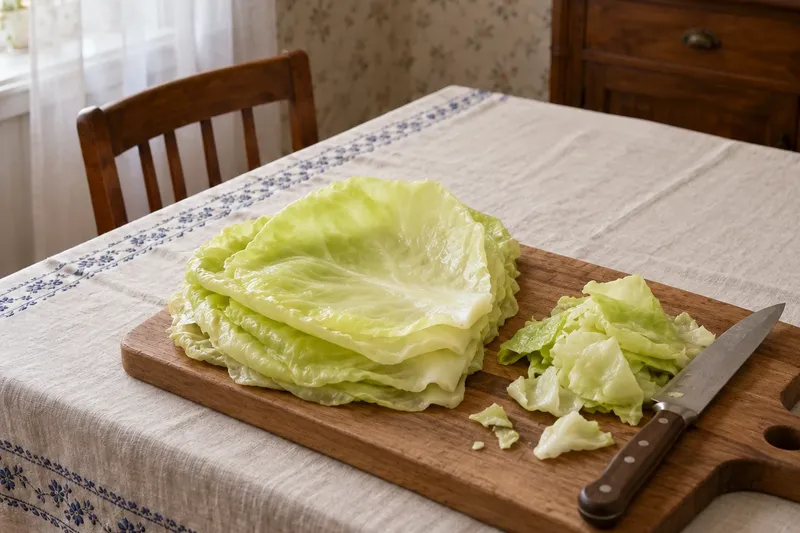 Голубцы с мясом и рисом, шаг 2: Обсушите листья и срежьте ножом плашмя толстую жилку у основания вровень с листом, чтобы …