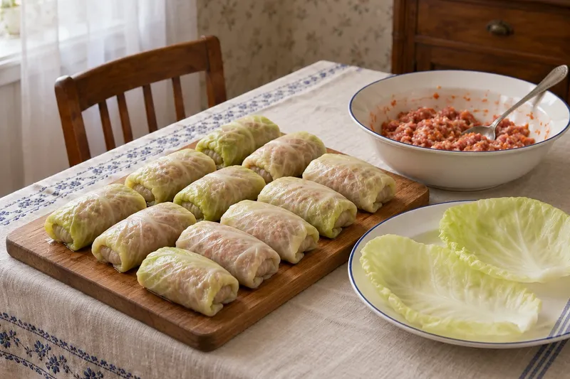 Голубцы с мясом и рисом, шаг 5: На основание листа выложите 2 ст. л. начинки (около 70 г) продолговатой колбаской. Накрой…
