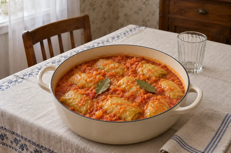 Голубцы с мясом и рисом, шаг 8: Влейте к зажарке воду, положите сметану, посолите и поперчите, размешайте и доведите до к…
