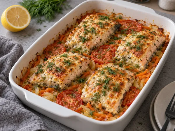 Горбуша, запечённая с овощами — готовое блюдо