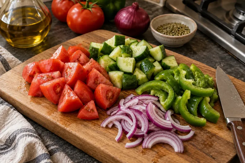 Греческий салат, шаг 1: Нарежьте помидоры и огурцы крупными кусками, перец — полосками, лук — тонкими полукольцами.