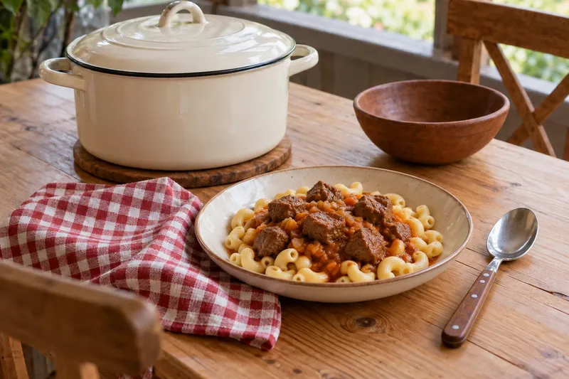 Гуляш из говядины: детская порция с рожками