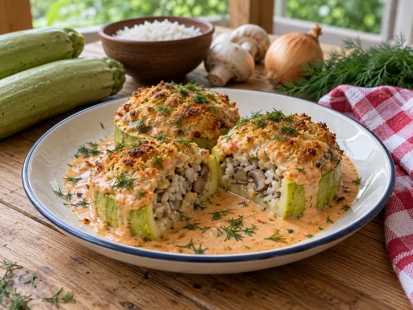 Кабачки фаршированные грибами и рисом — готовое блюдо
