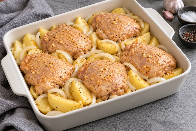 Курица в духовке с картошкой, шаг 4: Сверху разложите курицу кожей вверх. Запекайте до румяной корочки.