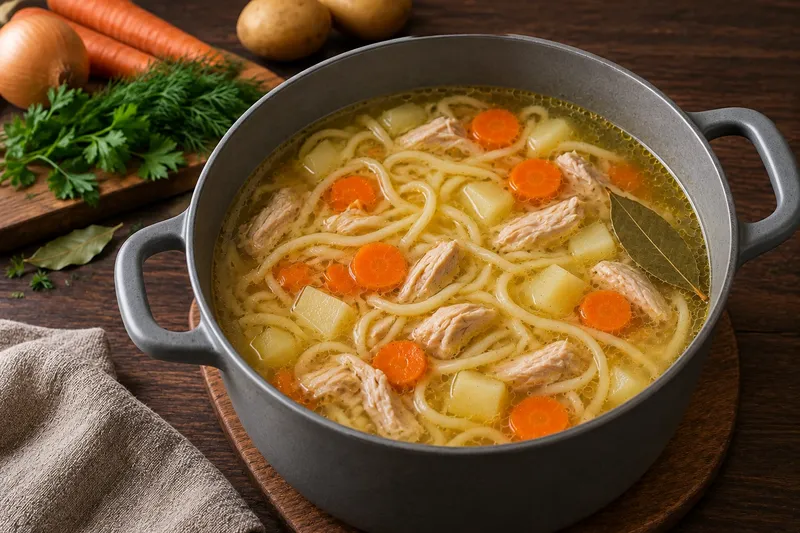 Куриный суп с лапшой, шаг 4: Добавьте лапшу, мясо, лавровый лист и посолите.