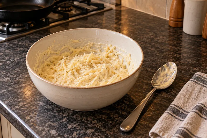 Мясо по-французски, шаг 4: Сыр натрите на крупной тёрке, смешайте со сметаной и майонезом до однородной густой массы.