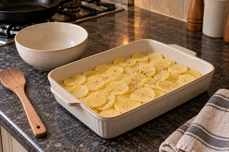 Мясо по-французски, шаг 5: Разогрейте духовку до 180 °C. Смажьте форму размером примерно 20×30 см растительным масло…