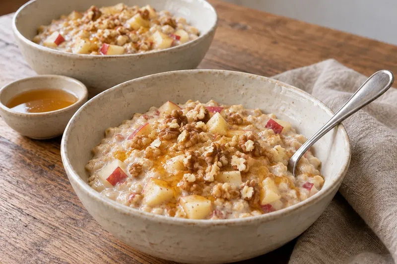 Овсяная каша на молоке с яблоком: с мёдом и орехами