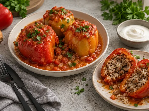 Перец фаршированный мясом и рисом — готовое блюдо