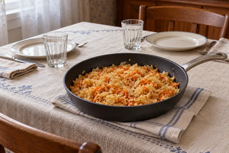 Пирожки с капустой в духовке, шаг 6: Накройте сковороду крышкой и тушите капусту на слабом огне 15 минут, иногда помешивая, до…