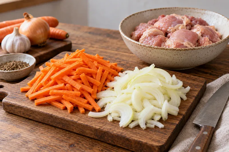 Плов с курицей, шаг 2: Нарежьте курицу крупными кусками, лук — полукольцами, морковь — соломкой.