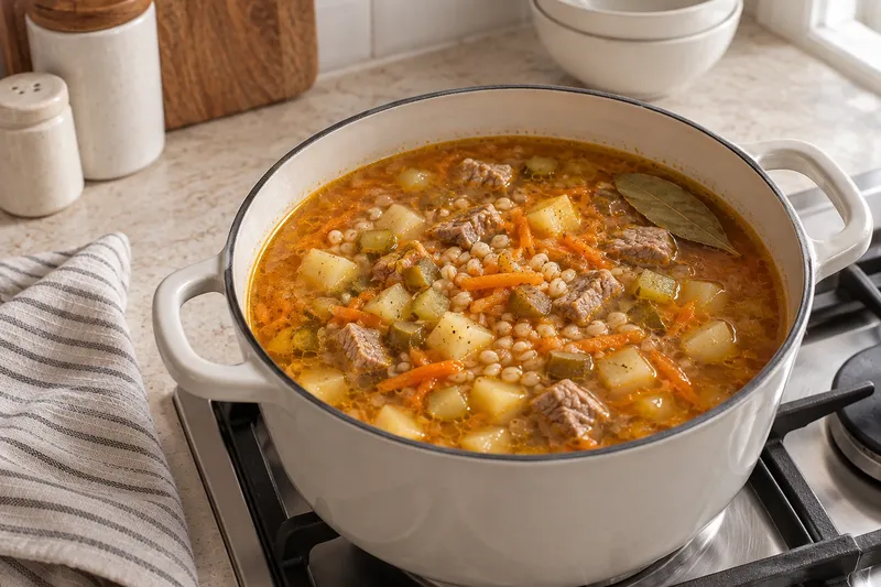 Рассольник с перловкой, шаг 7: Когда кубик картофеля легко раздавливается ложкой о стенку, переложите зажарку в суп и по…