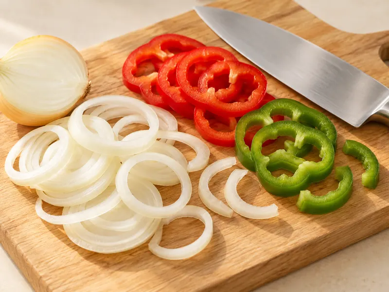 Колечки и полукольца: Режь продукт поперёк тонкими слоями, для полуколец сначала разрежь луковицу пополам.