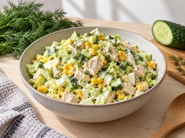 Салат из пекинской капусты с курицей и кукурузой — готовое блюдо