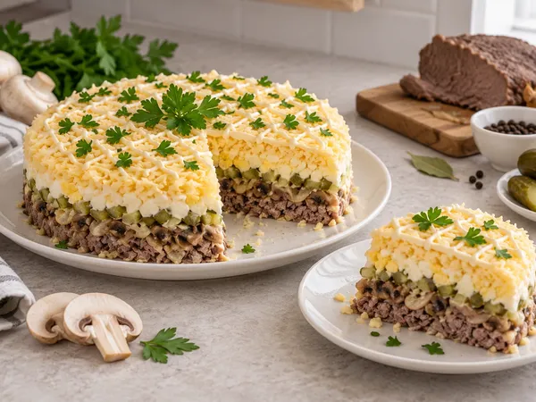 Салат «Мужской каприз» с говядиной и грибами — готовое блюдо