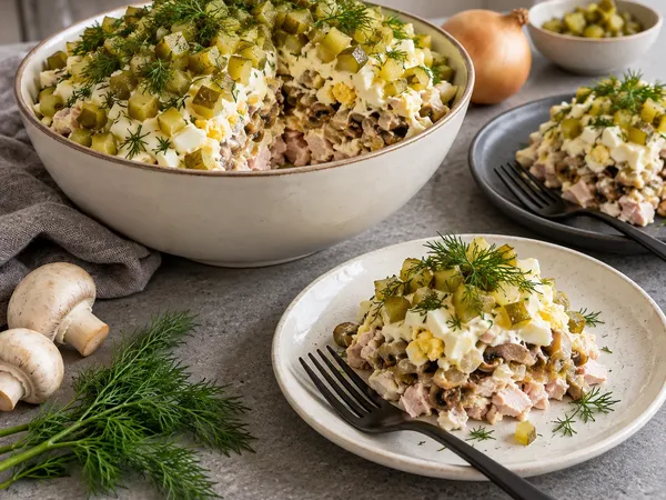 Салат с копчёной курицей и грибами — готовое блюдо