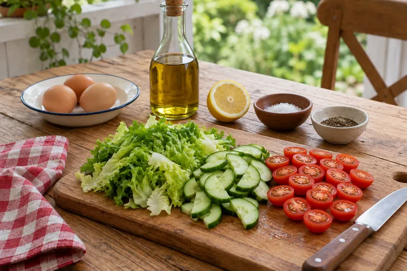 Салат с тунцом и яйцом, шаг 2: Порвите руками листья салата, нарежьте огурец полукружьями, черри — пополам.