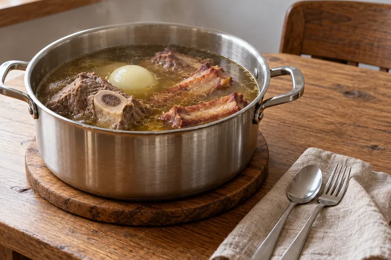 Солянка мясная сборная, шаг 1: Говядину и копчёные рёбрышки сложите в кастрюлю, залейте 2,5 л холодной воды и доведите д…