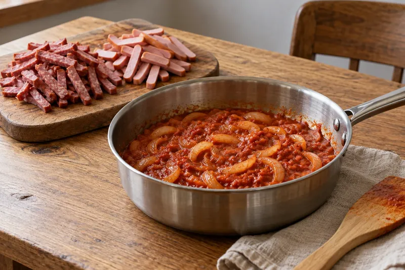 Солянка мясная сборная, шаг 5: Вторую луковицу нарежьте четвертькольцами и обжарьте на смеси растительного и сливочного …