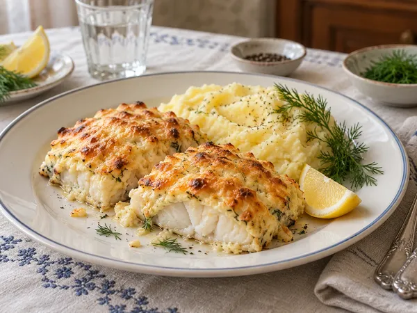 Треска, запечённая под сырной корочкой — готовое блюдо