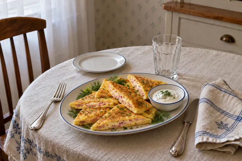 Яичные конвертики с сыром и ветчиной: закуска порезанная